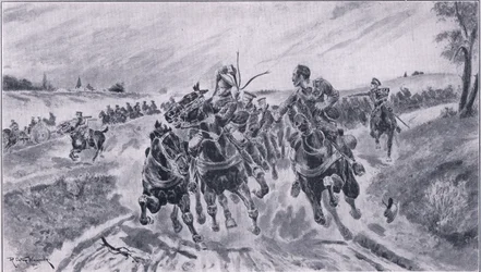 Britische Artillerie bezieht Stellung in der Schlacht von Mons, aus 